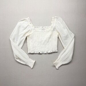 Aerie Smocked Long Sleeve Crop Top White Cotton Gauze Boho Ruffle Small Fairy S
